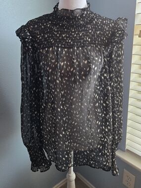 BCBG Black Sheer Printed Smocked-Neck Blouse